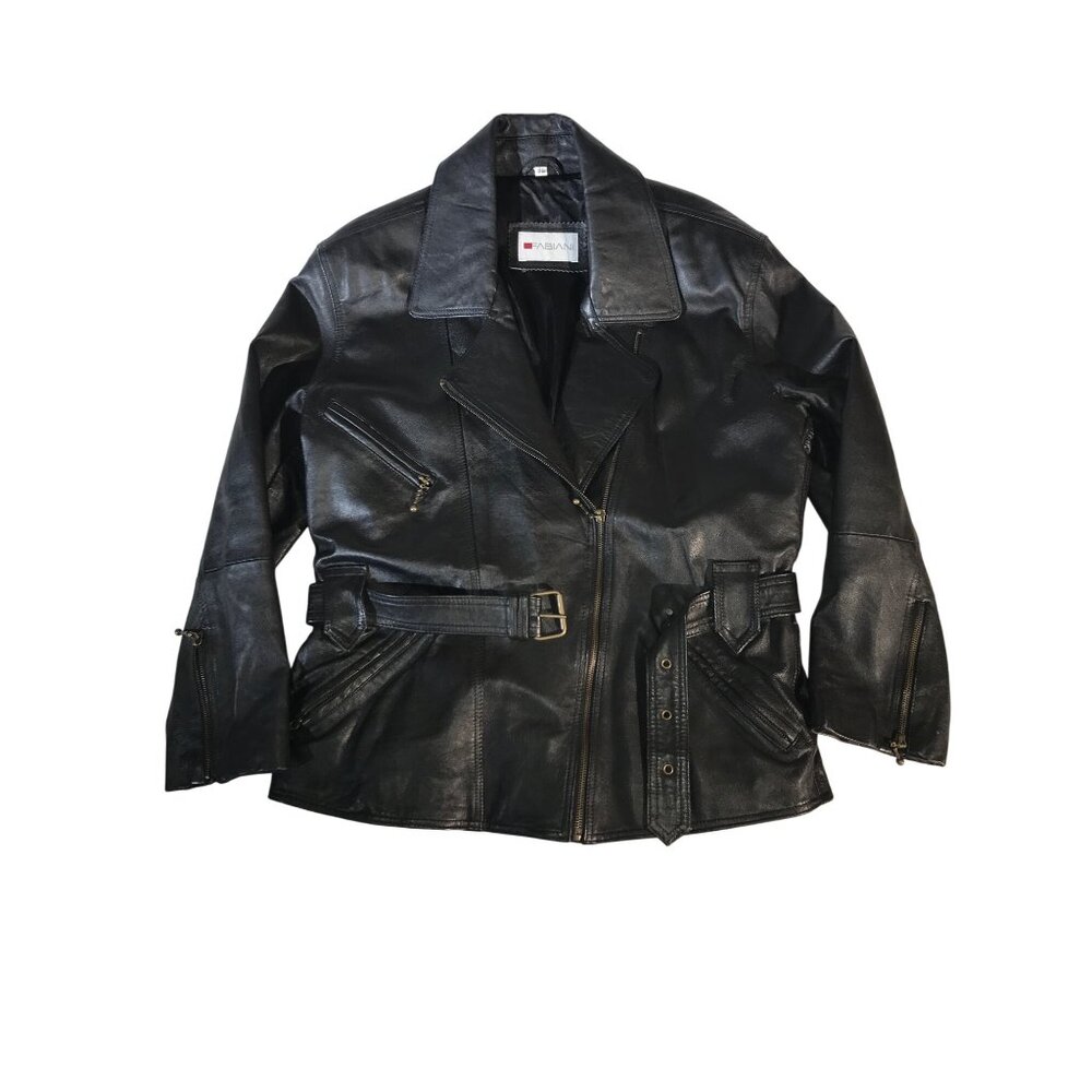 Fabiani Women's Black Leather Jacket Size  38 With 2-Inch Belt & Three Zippered